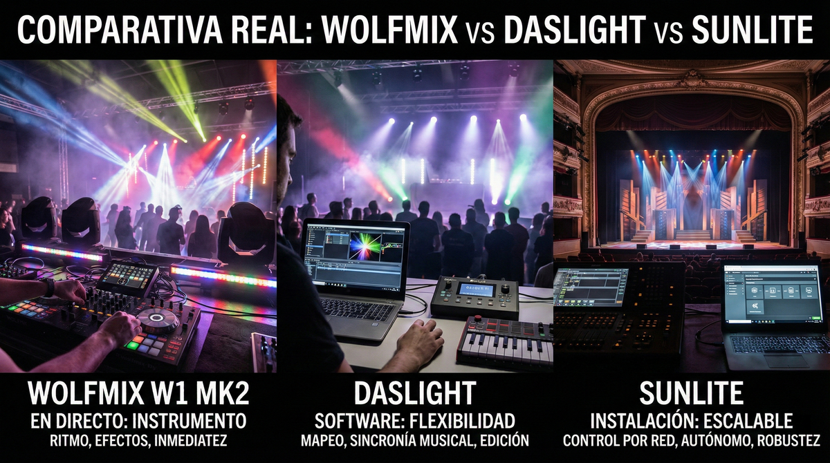 Wolfmix vs Daslight vs Sunlite: comparativa real para DJs y técnicos de iluminación en España
