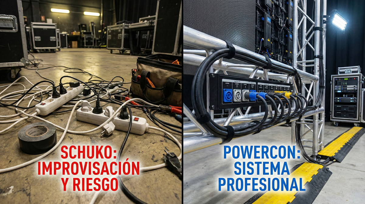 Distribución eléctrica en eventos: PowerCON vs Schuko, protecciones y buenas prácticas