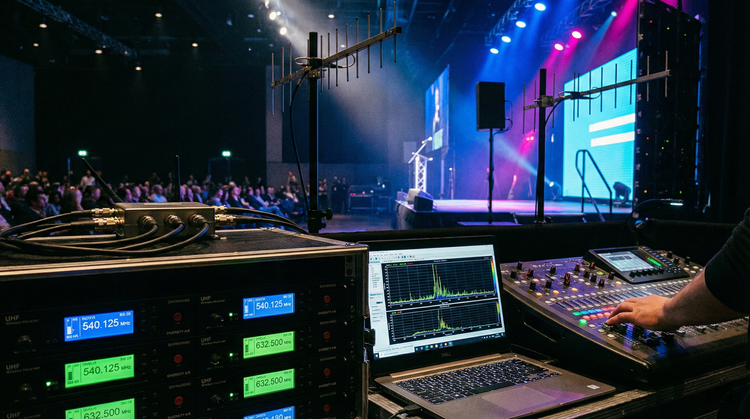 Micrófonos inalámbricos para eventos: UHF vs 2,4 GHz, diversidad y coordinación de frecuencias