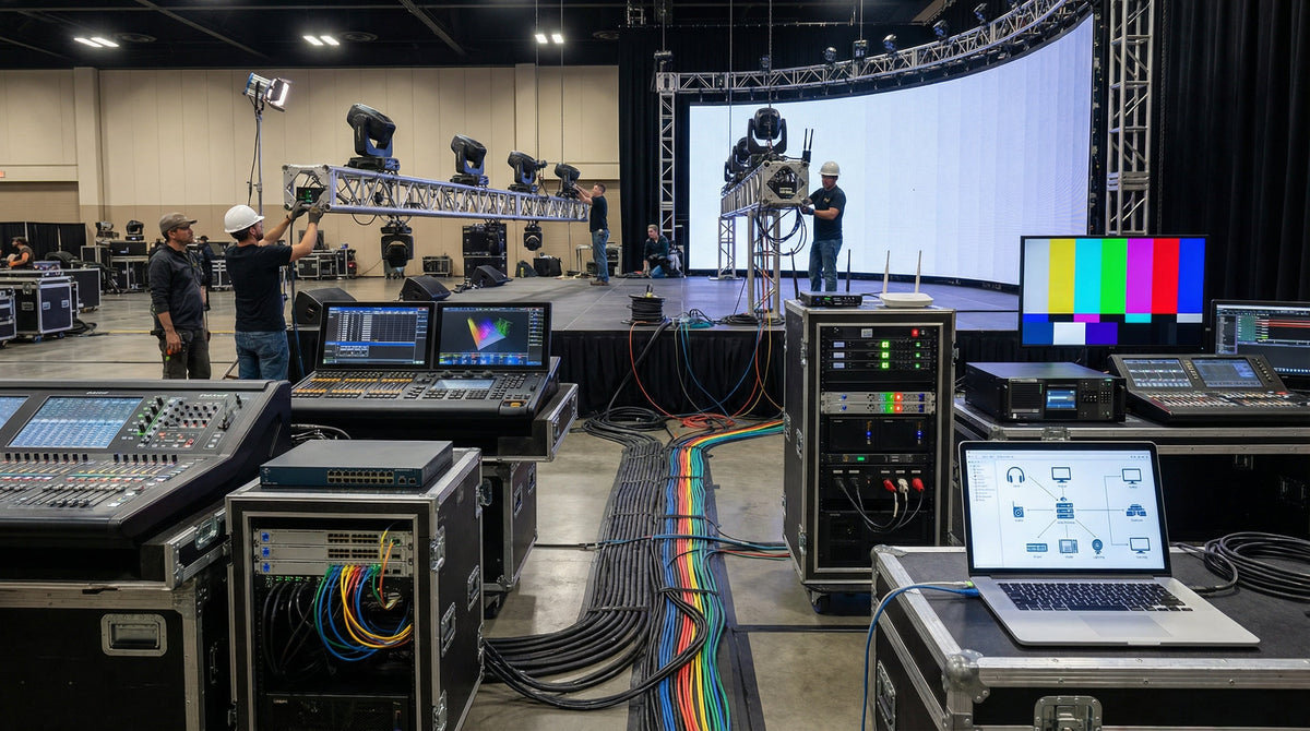 Cómo montar un ecosistema audiovisual híbrido para eventos en 2026: iluminación inteligente, audio en red y vídeo 4K sin fallos