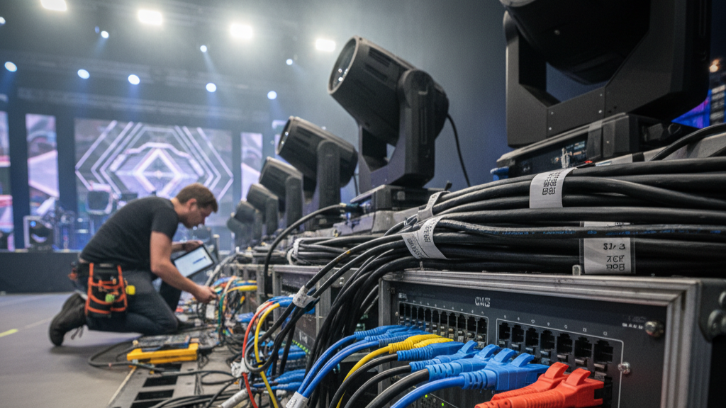 Cables, conectores y alimentación sin fallos: cómo diseñar un backbone fiable para audio, vídeo y control en giras cortas y salas medianas