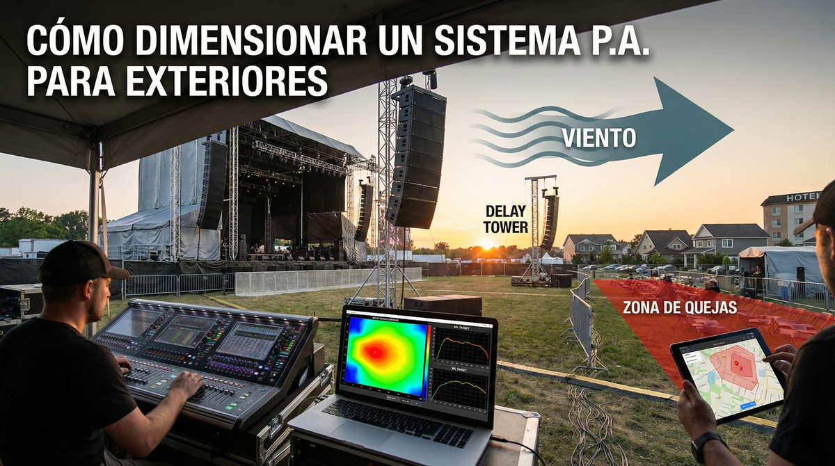 Cómo dimensionar un sistema P.A. para exteriores: cobertura, SPL, subgraves, delays, viento y “zona de quejas”