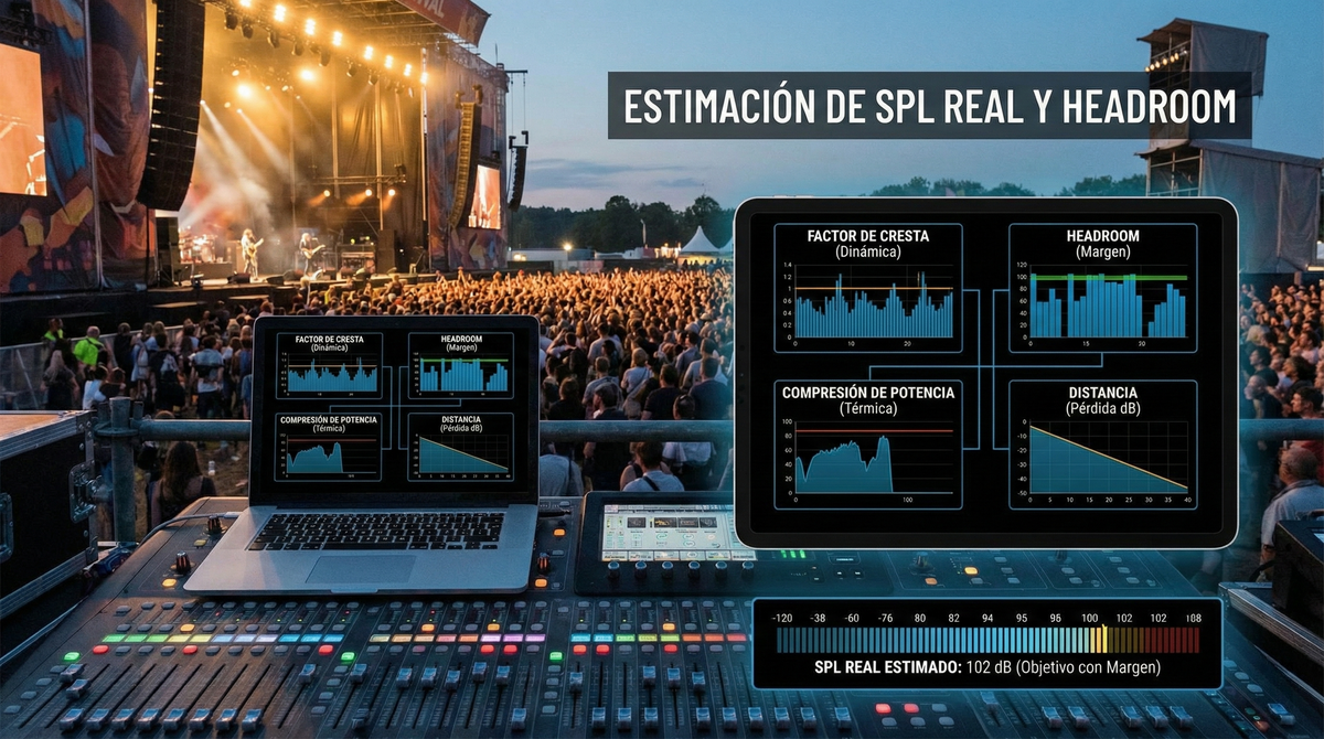 Cómo estimar el SPL real de un sistema con headroom: factor de cresta, compresión de potencia, distancia y expectativas por tipo de evento