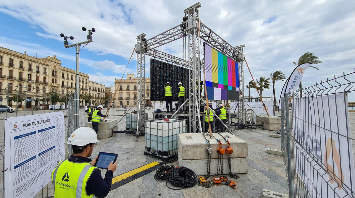 Montaje seguro de videowalls en exterior: viento, rigging, lastres y planificación operativa
