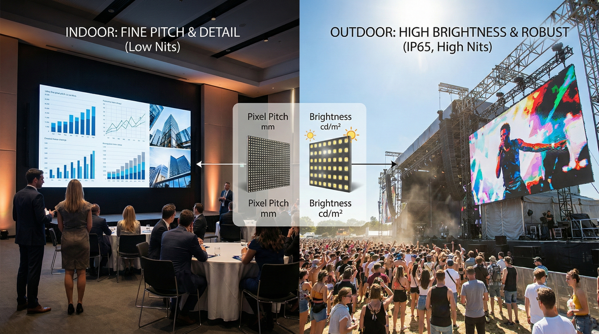Pantallas LED para eventos: cómo elegir paso de píxel, brillo y configuración interior/exterior (con ejemplos de uso reales)