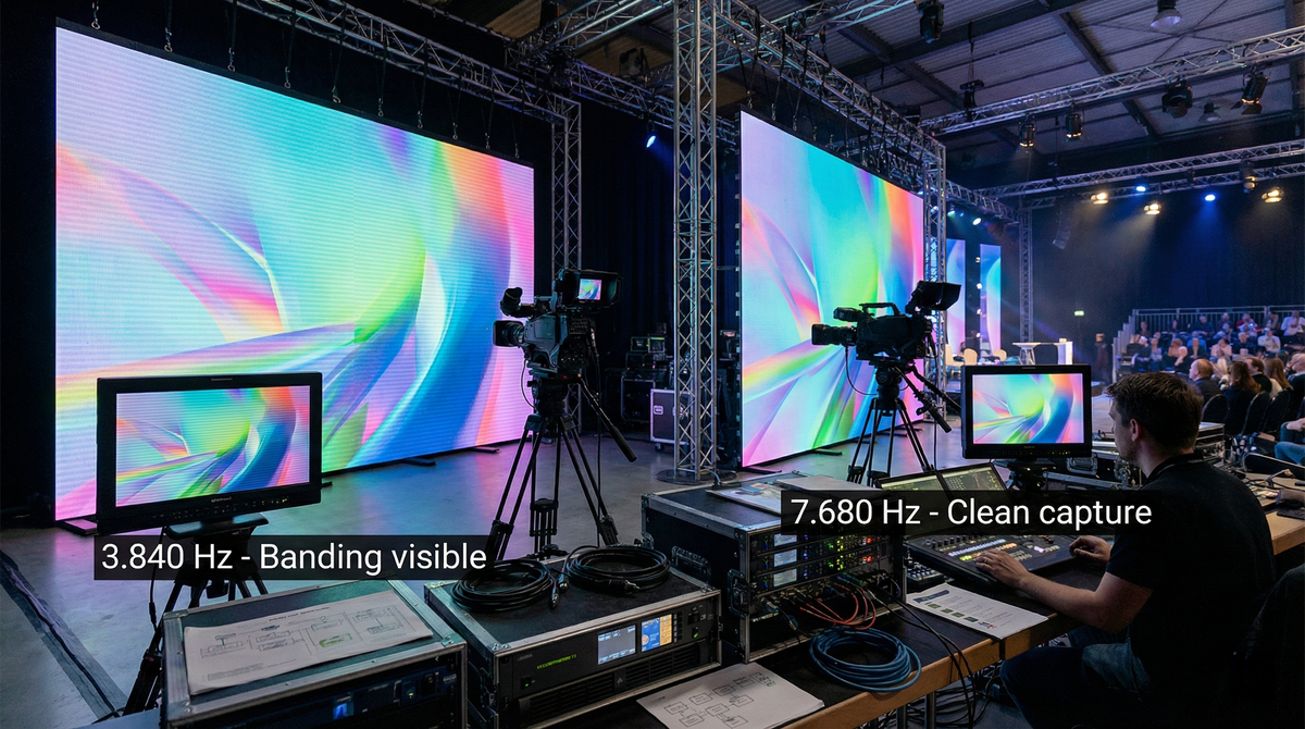 Refresco 3.840 Hz vs 7.680 Hz en pantallas LED modulares: qué cambia realmente en cámara y cómo elegir para rental e instalación