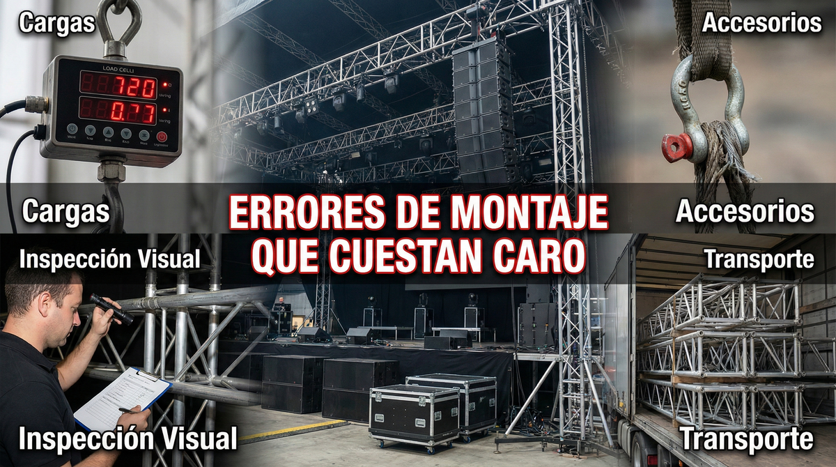 Trusses y torres para Line Array: errores de montaje que cuestan caro (cargas, accesorios, inspección visual y transporte)