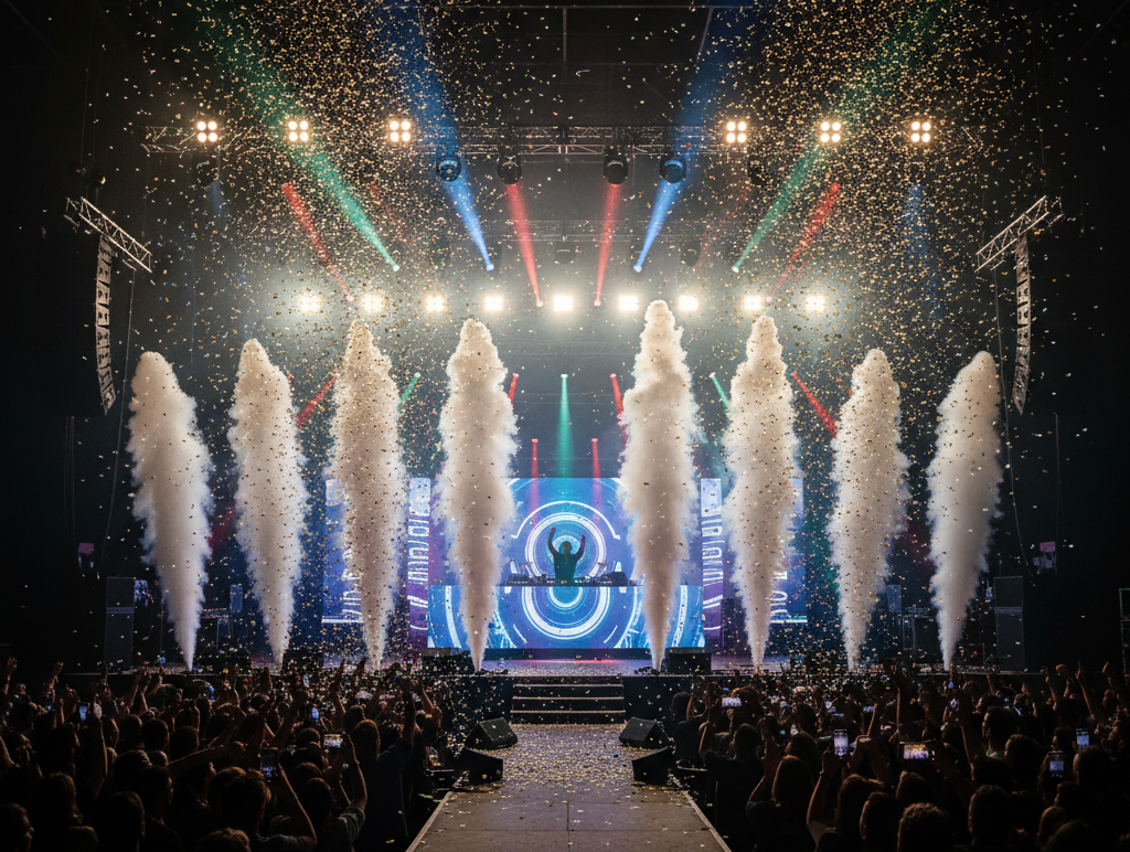 Efectos para escenarios modernos: máquinas de humo y haze, CO2, confeti y seguridad en recintos