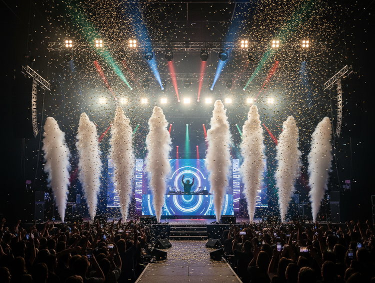 Efectos para escenarios modernos: máquinas de humo y haze, CO2, confeti y seguridad en recintos