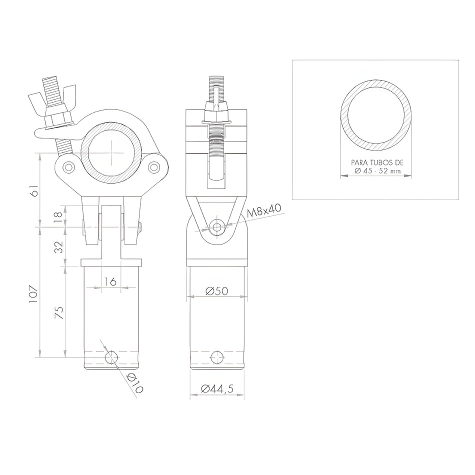 Abrazadera articulada con adaptador. Para tubos de Ø 45-52 mm. WLL: 250 kg. ABZ-23