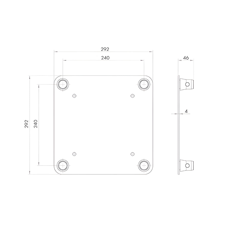 Base de aluminio para truss cuadrado ref. TQN290 (292 x 292 x 4 mm). TQN290-D/G