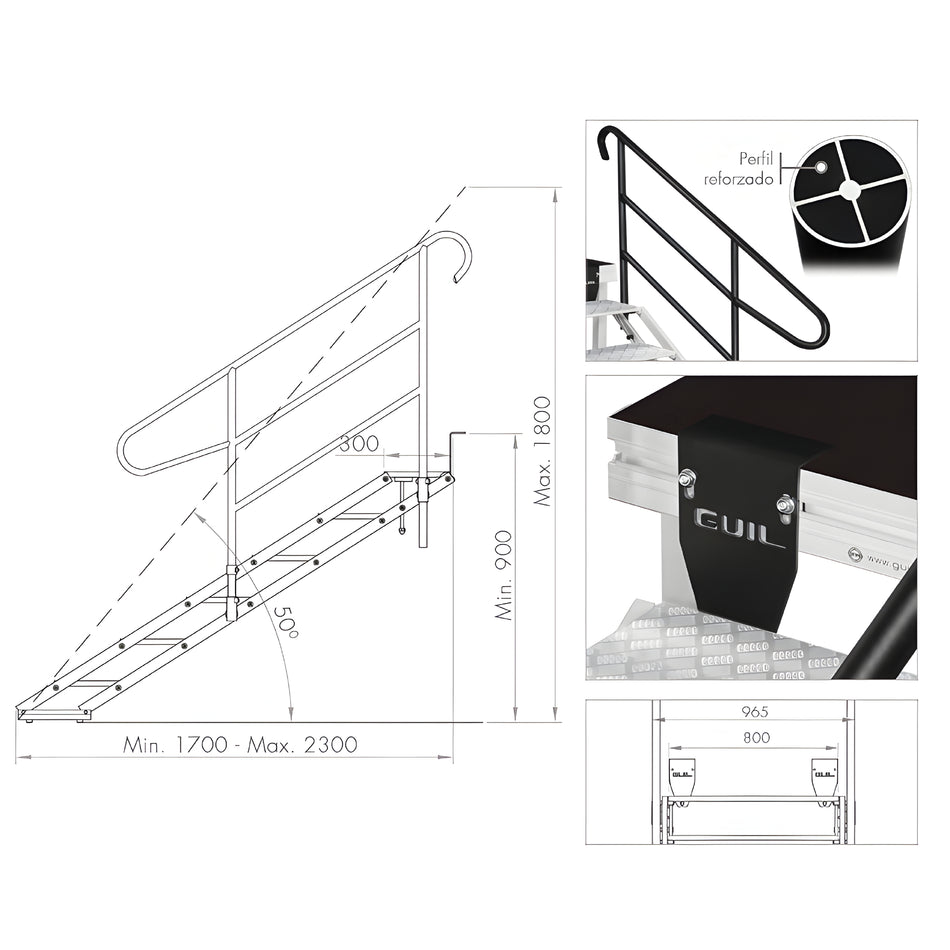 Escalera de aluminio de 6 peldaños para escenarios con alturas de 900 a 1800 mm. ECP-6