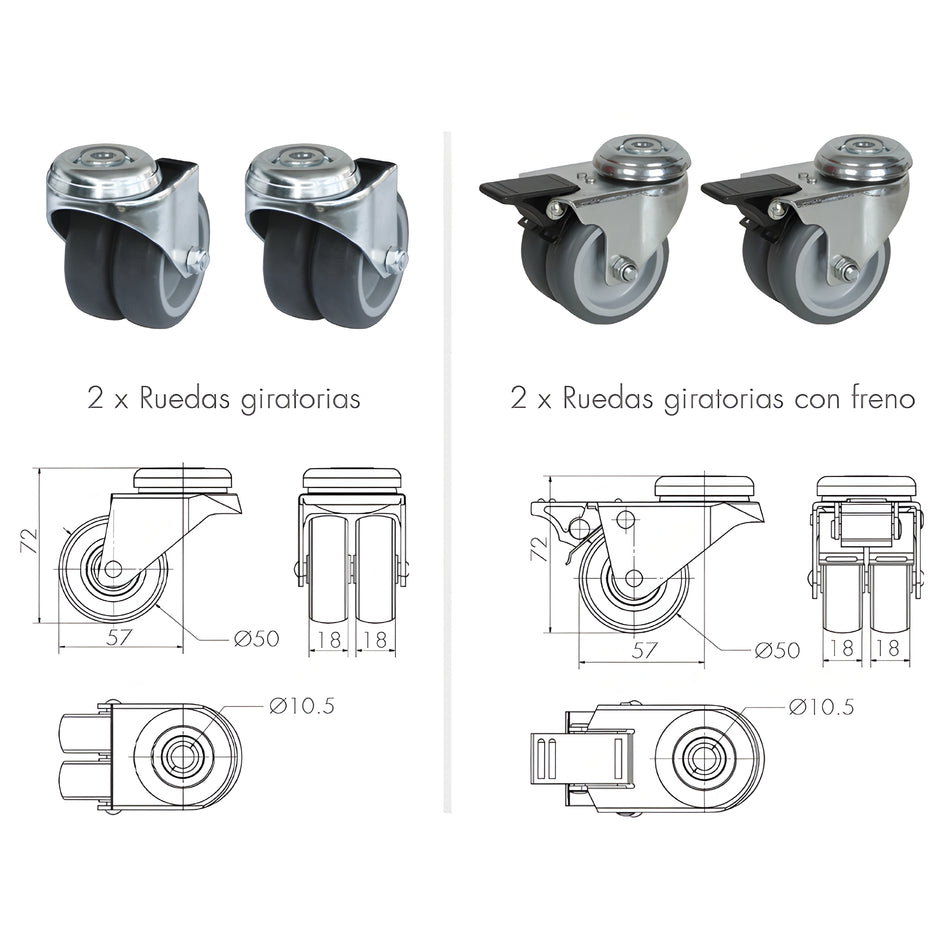 Juego de cuatro ruedas giratorias (2 con freno) para base de truss. SRD-01