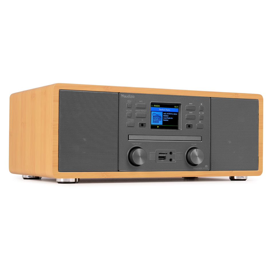 Audizio Avola - Sistema de música digital todo en uno con CD, Bluetooth y Radio por Internet en acabado Bambú