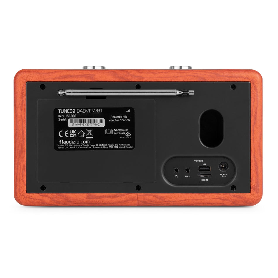 Audizio Tune60 - Radio portátil DAB+ y FM de estilo retro en madera de cereza con Bluetooth 5.0 y 40W - Tempo Shop