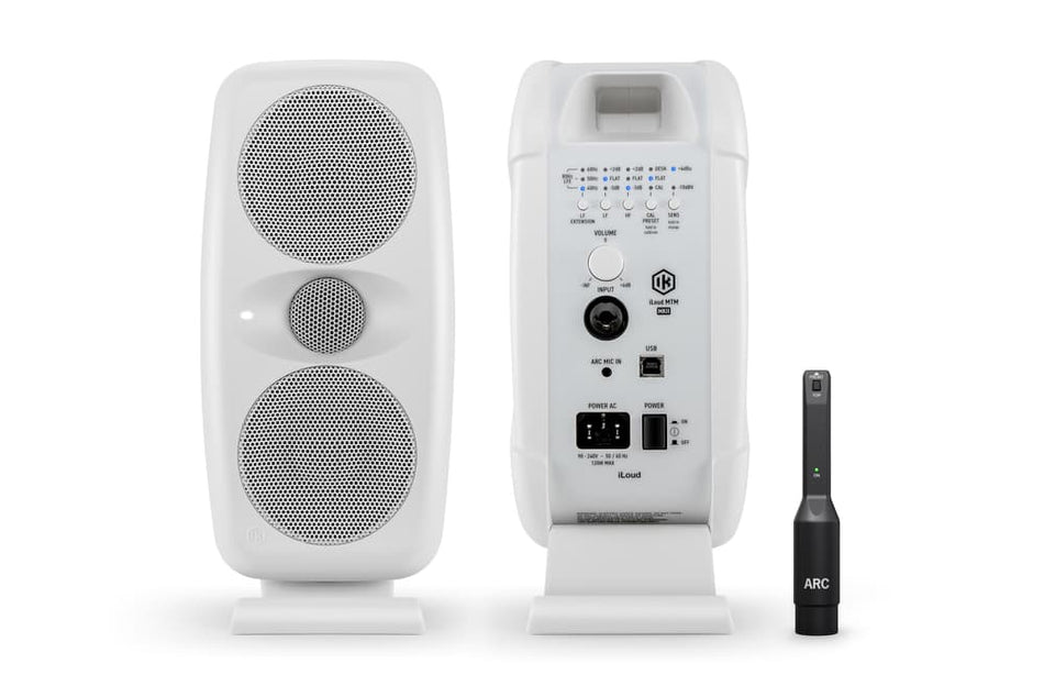 IK Multimedia iLoud MTM MKII (Pareja, Blanco) - Monitores compactos de alta resolución con ARC y X-MONITOR + micrófono de medición