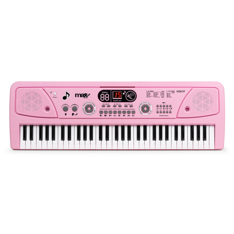 Max KD61P - Teclado Electrónico Infantil de 61 Teclas con Batería Recargable - Rosa