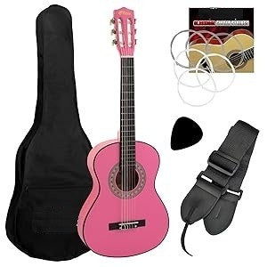 Max SoloArt Junior 1/4 - Conjunto de guitarra clásica rosa con funda, afinador y accesorios