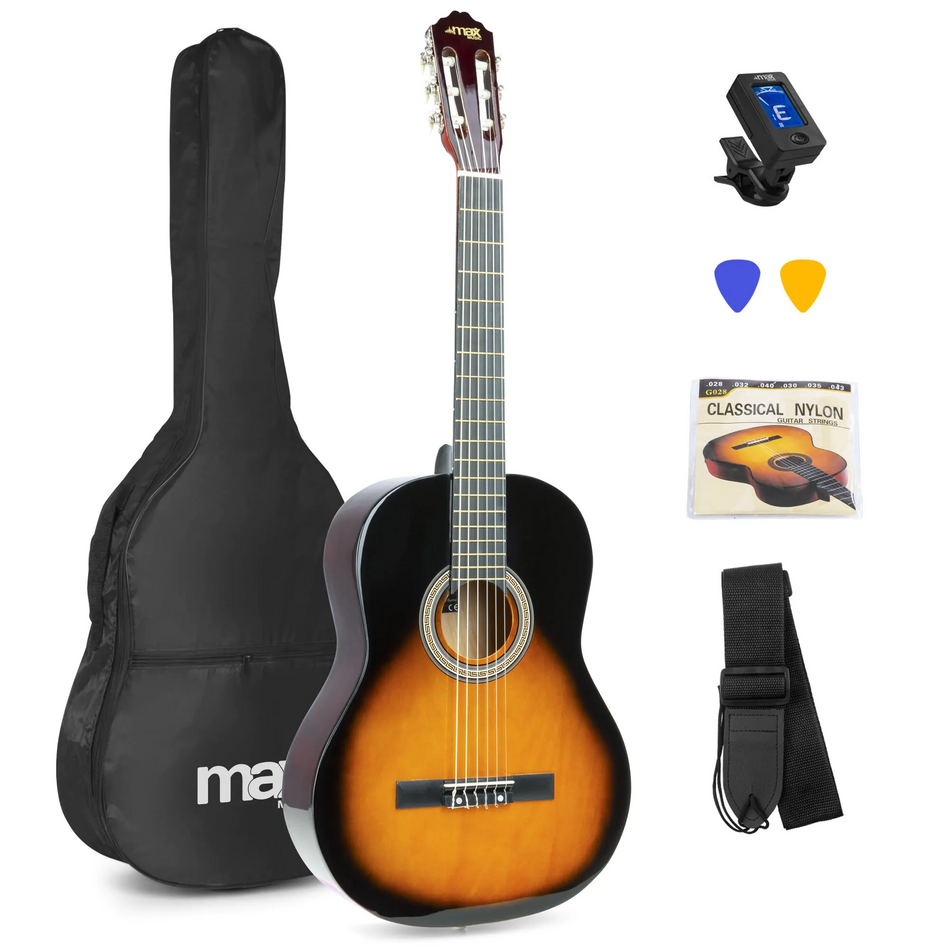 Max SoloArt Junior 3/4 - Conjunto de guitarra clásica Sunburst con funda, afinador y accesorios