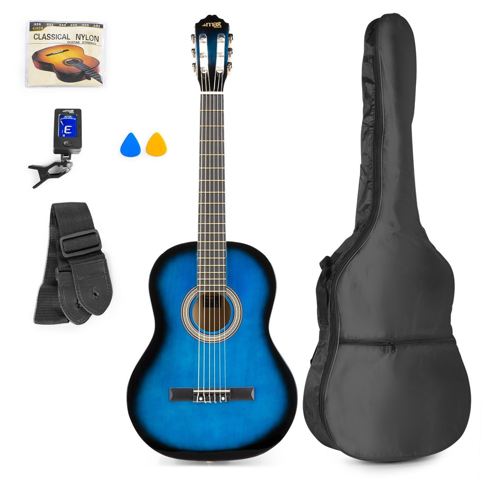 Max SoloArt Junior 3/4 - Conjunto de guitarra clásica azul con funda, afinador y accesorios