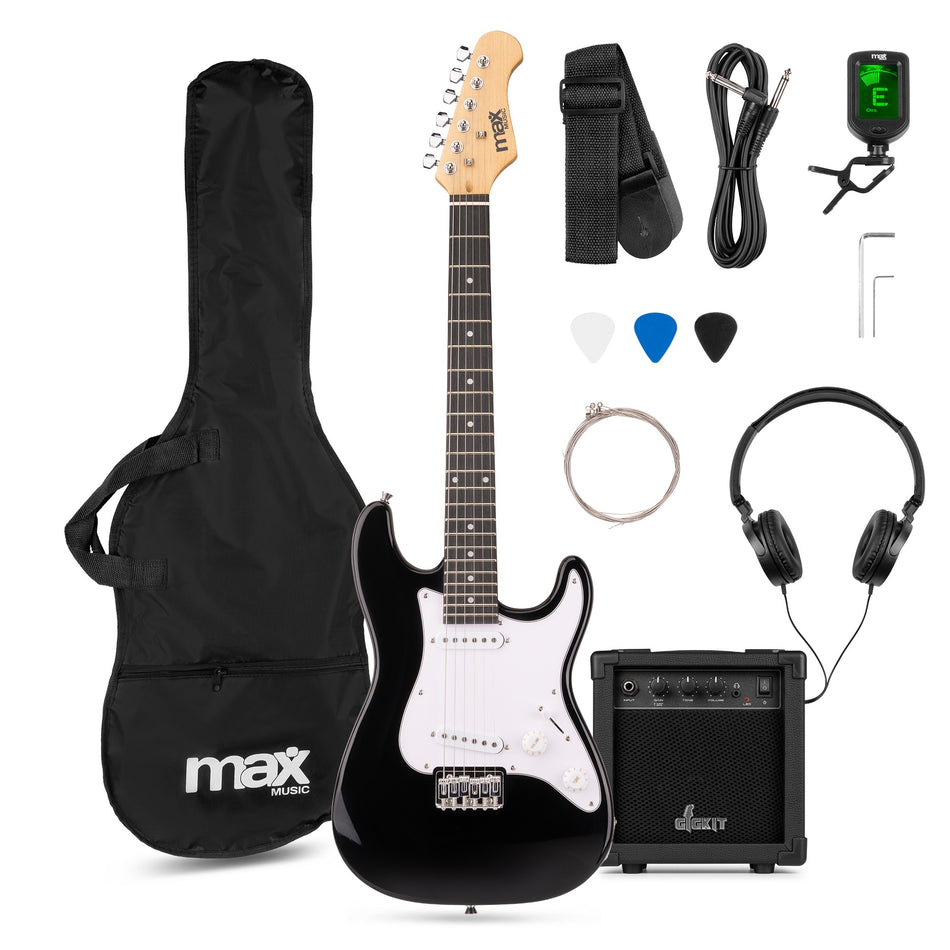 Max GigKit Junior - Conjunto de Guitarra Eléctrica 3/4 Negro con Amplificador y Accesorios