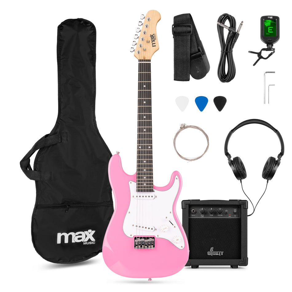 Max GigKit Junior - Set de Guitarra Eléctrica Rosa 3/4 con Amplificador de 20W y Accesorios