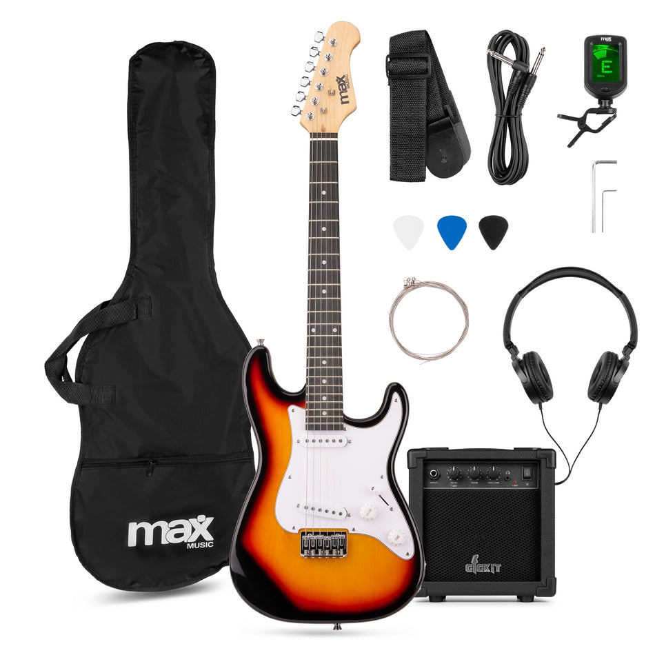 MAX GigKit Junior - Set de Guitarra Eléctrica 3/4 Sunburst con Amplificador y Accesorios