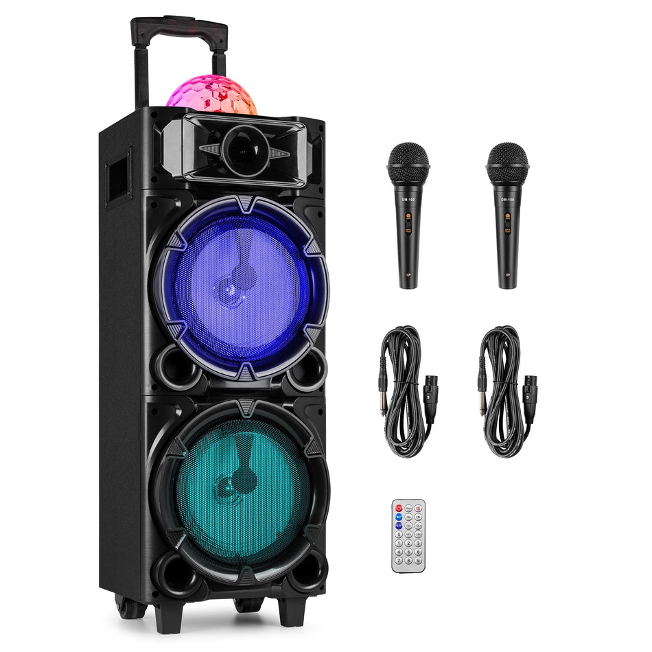 Fenton LIVE290 - Estación de Karaoke Móvil con Doble Woofer de 8" y Show de Luces Disco
