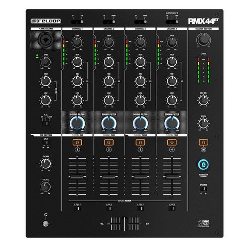 Reloop RMX-44 BT - Mezclador de DJ de 4 canales con Bluetooth, filtros por canal y arquitectura de sonido digital