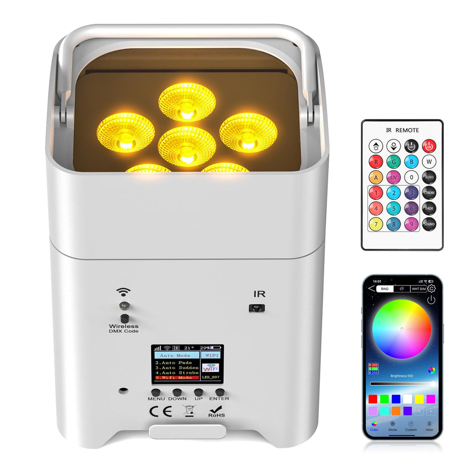 TEMPO - Pack de 4 focos blancos PAR LED inalámbricos 6x18W RGBAW+UV con batería y bolsa de transporte - Tempo Shop