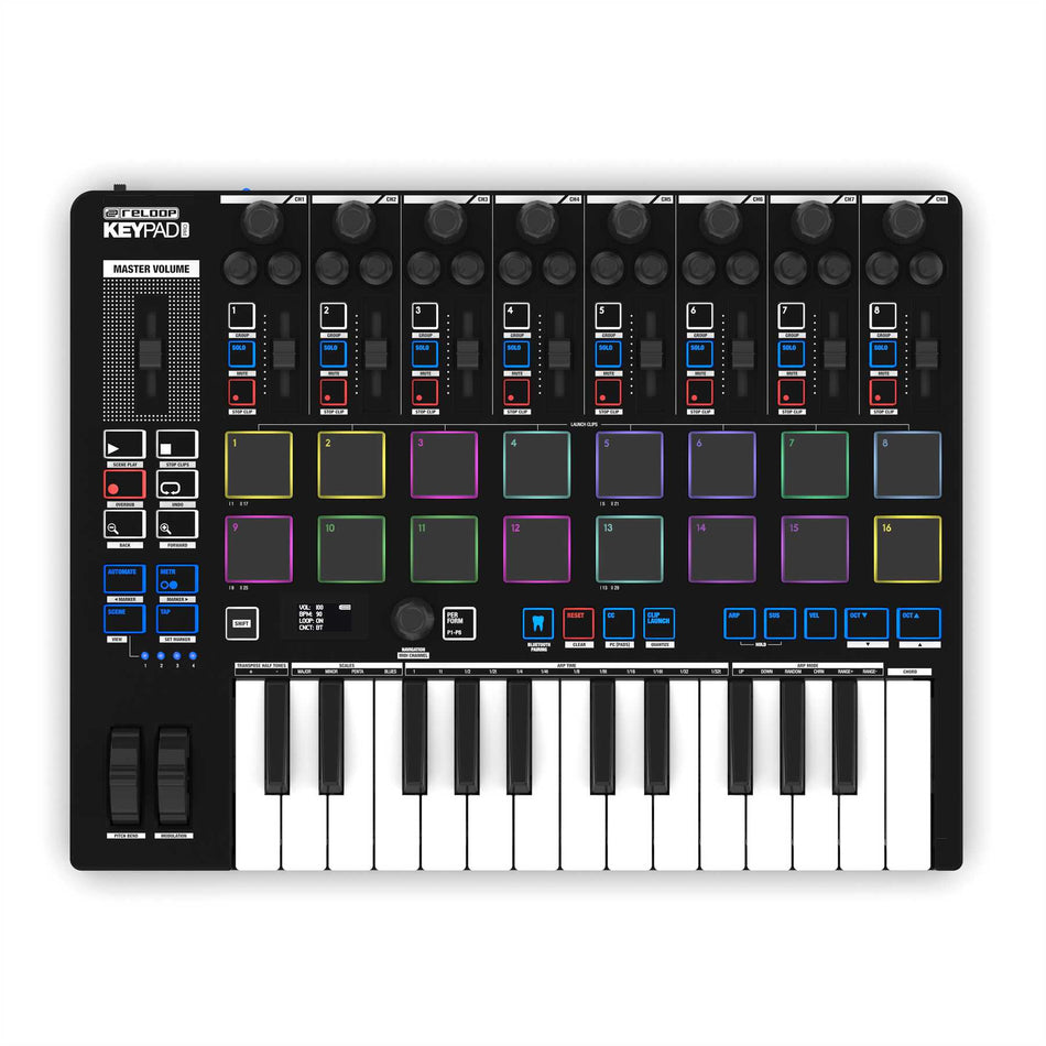 Reloop Keypad Pro - Estación DAW USB-MIDI 4-en-1 con 25 teclas, 16 Drum Pads RGB con aftertouch, Bluetooth MIDI y faders de mezcla