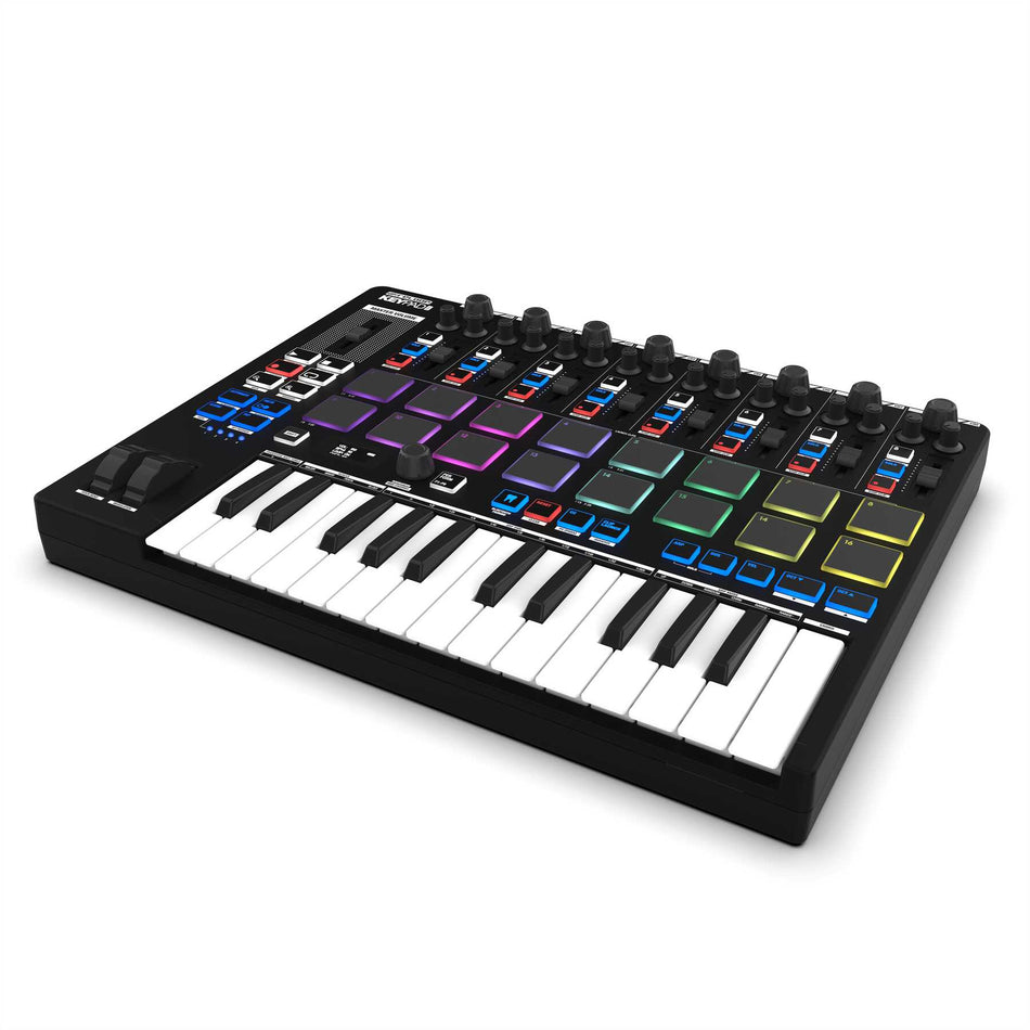 Reloop Keypad Pro - Estación DAW USB-MIDI 4-en-1 con 25 teclas, 16 Drum Pads RGB con aftertouch, Bluetooth MIDI y faders de mezcla