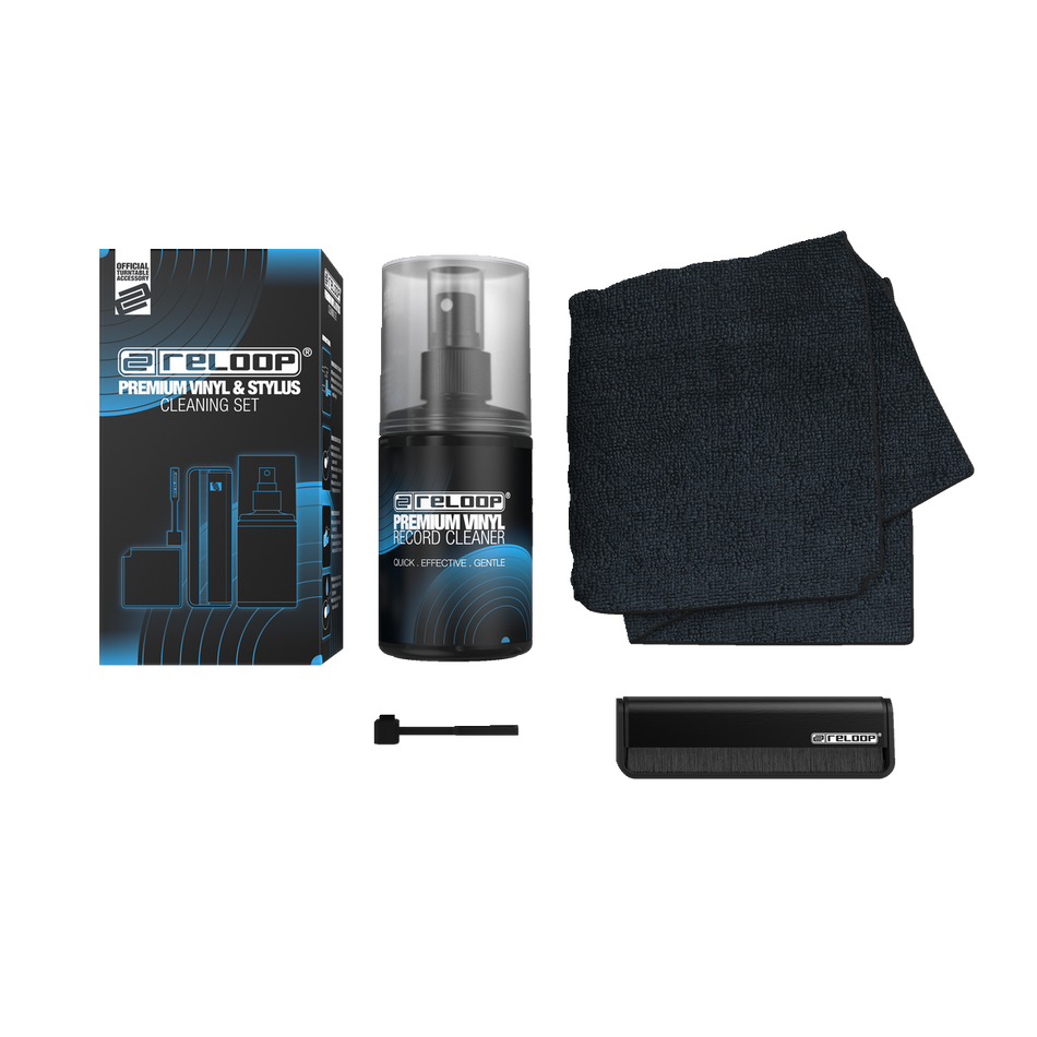 Reloop Premium Vinyl & Stylus Cleaning Set - Kit de limpieza 4 en 1 para vinilo, CD y aguja (spray 200 ml, cepillos de carbono y paño de microfibra)
