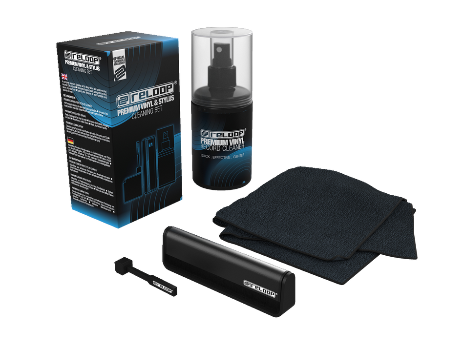 Reloop Premium Vinyl & Stylus Cleaning Set - Kit de limpieza 4 en 1 para vinilo, CD y aguja (spray 200 ml, cepillos de carbono y paño de microfibra)