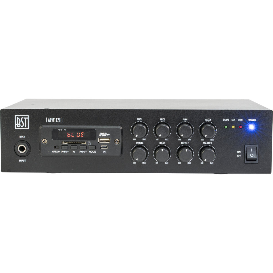 AMPLIFICADOR-MEZCLADOR PA COMPACTO 120W CON USB, SD, BLUETOOTH, FM Y MANDO A DISTANCIA