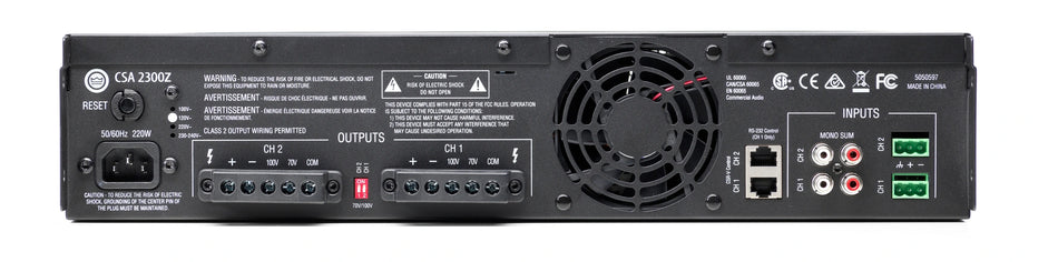 JBL Professional CSA-2300Z - Amplificador comercial de 2 × 300 W con 70/100 V integrados, control CSR-V y RS-232 (2U)