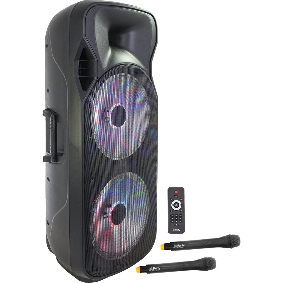 PARTY - 2x15 PORTABLE BATTERY LED SPEAKER with USB/BT/WIRELESS MIC PLS