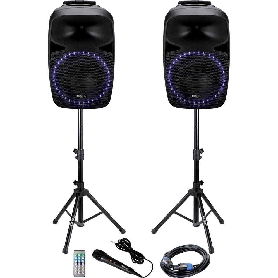 12'' ACT+PASS SPK SET +2xSTANDS +1xW. MIC +1x5m J.6,35CABLE w/LED LIGHT, USB, BT,