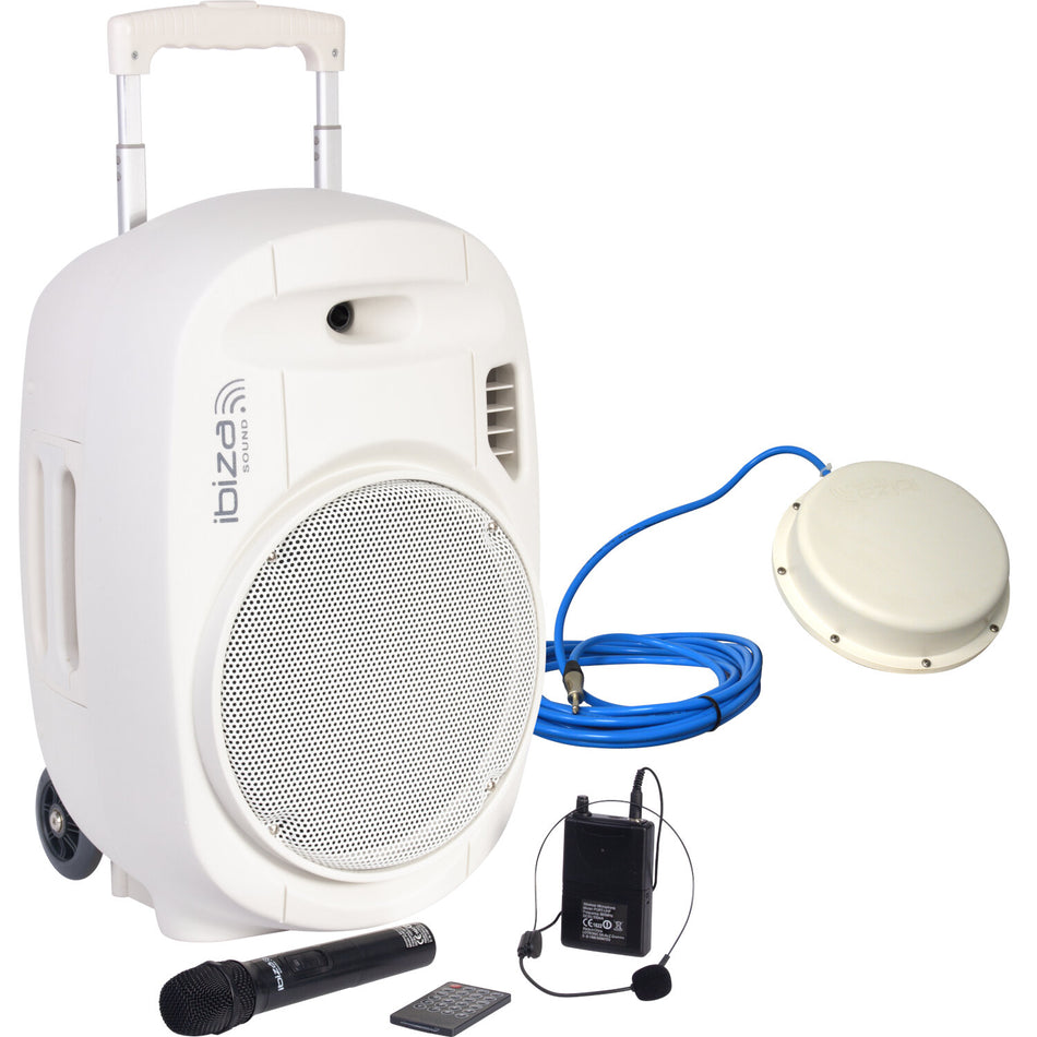 SISTEMA DE SONORIZACION PORTATIL AUTONOMO 12"/30cm 700W ESPECIAL PARA PISCINAS, CON ALTAVOZ SUBACUATICO DE 30W