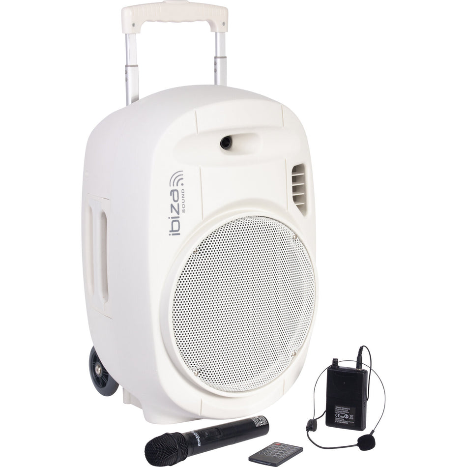Ibiza Light & Sound PORT12UHF-WH-MKII – Sistema de sonorización portátil autónomo 12”/30 cm con USB-MP3, REC, VOX, Bluetooth y 2 micros UHF (Blanco)