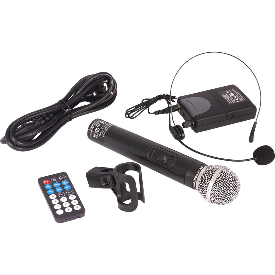 SISTEMA DE SONIDO PORTATIL AUTONOMO DE 12"/30CM CON USB-MP3, BT,  REC, VOX & 2 MICROS VHF