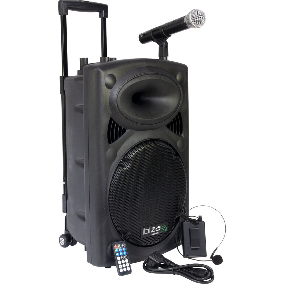 SISTEMA DE SONIDO PORTATIL AUTONOMO DE 12"/30CM CON USB-MP3, BT,  REC, VOX & 2 MICROS VHF