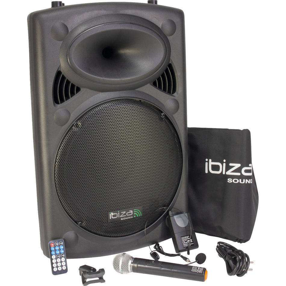 SISTEMA DE SONIDO PORTATIL AUTONOMO DE 15”/38CM CON USB-MP3, REC, VOX, BLUETOOTH, 2 MICROFONS VHF