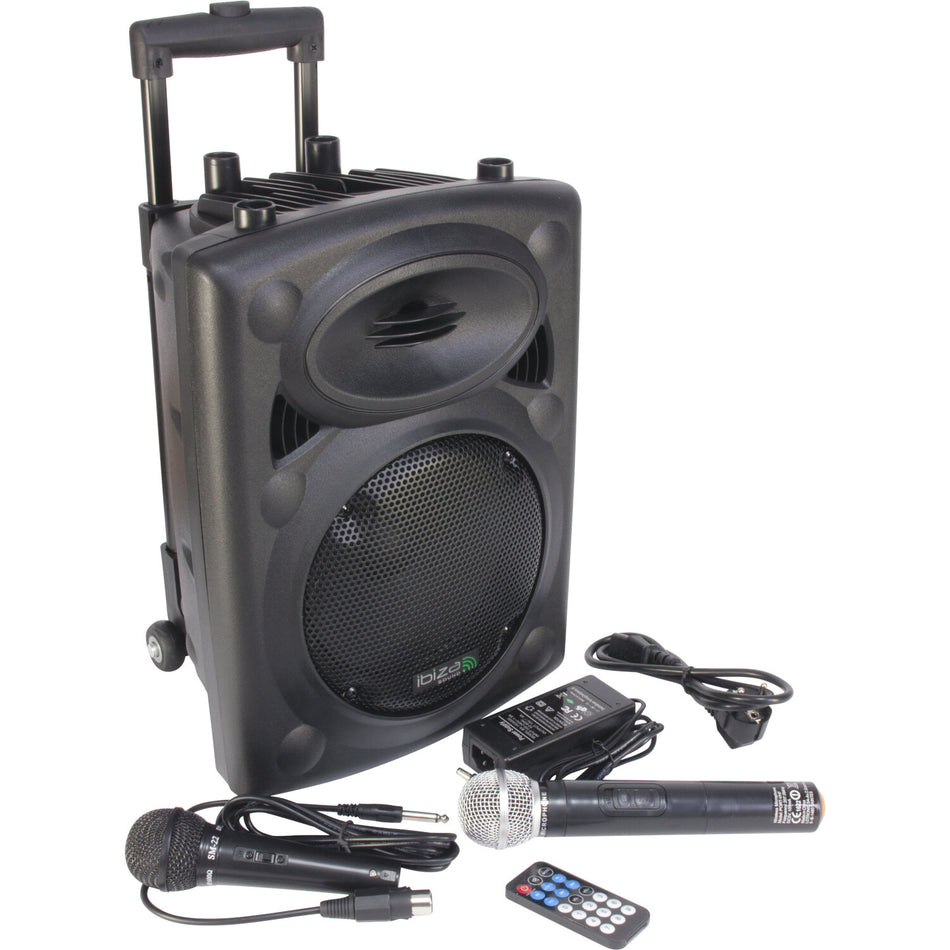 SISTEMA DE SONIDO PORTATIL AUTONOMO 8"/20cm CON USB-MP3, REC, VOX, BLUETOOTH, 1 MICRO VHF & 1 MICRO CON CABLE