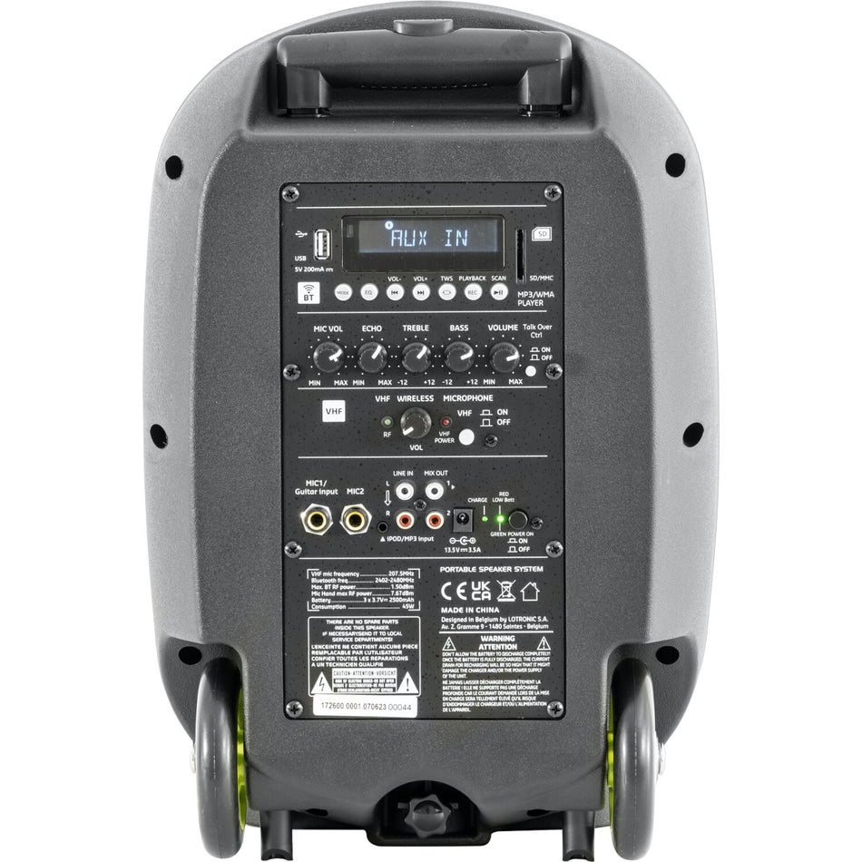 SISTEMA DE SONIDO PORTATIL AUTONOMO 8"/20cm CON TWS, USB-MP3, REC, VOX, BLUETOOTH, 1 MICRO VHF & 1 MICRO CON CABLE