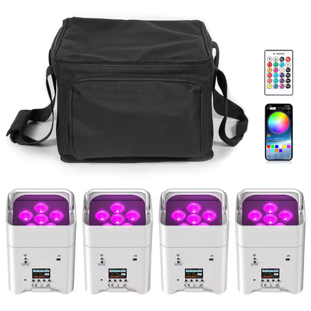 TEMPO - Pack de 4 focos blancos PAR LED inalámbricos 6x18W RGBAW+UV con batería y bolsa de transporte - Tempo Shop