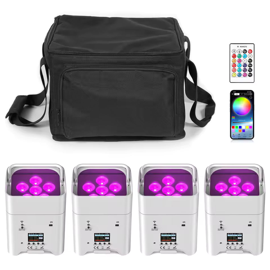 TEMPO - Pack de 4 focos blancos PAR LED inalámbricos 6x18W RGBAW+UV con batería y bolsa de transporte - Tempo Shop