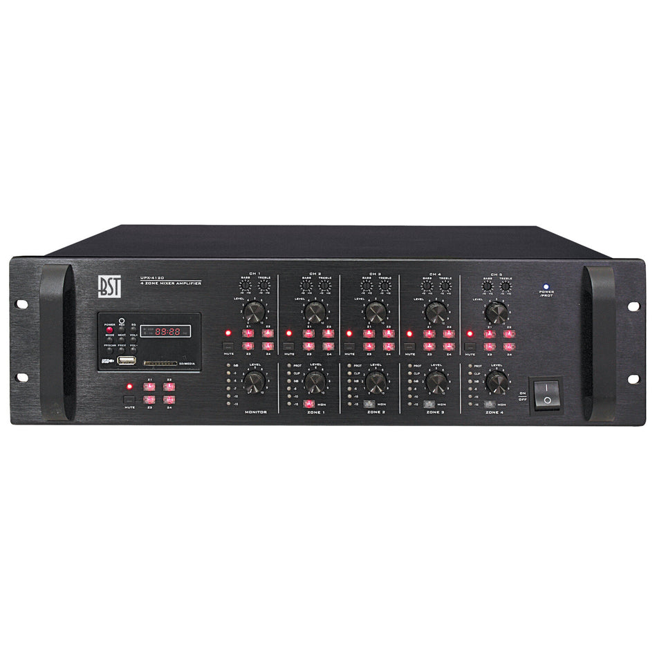 MEZCLADOR 5 CANALES CON AMPLI 4X120W INTEGRADO, MATRIZ DE 4 ZONAS Y LECTOR USB/SD