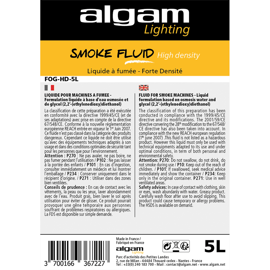 Algam FOG-HD-5L – Líquido de alta densidad para máquinas de humo, 5 L - Tempo Shop