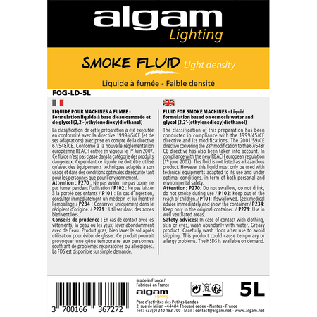 Algam FOG-LD-5L – Líquido de baja densidad para máquinas de humo, 5 L - Tempo Shop